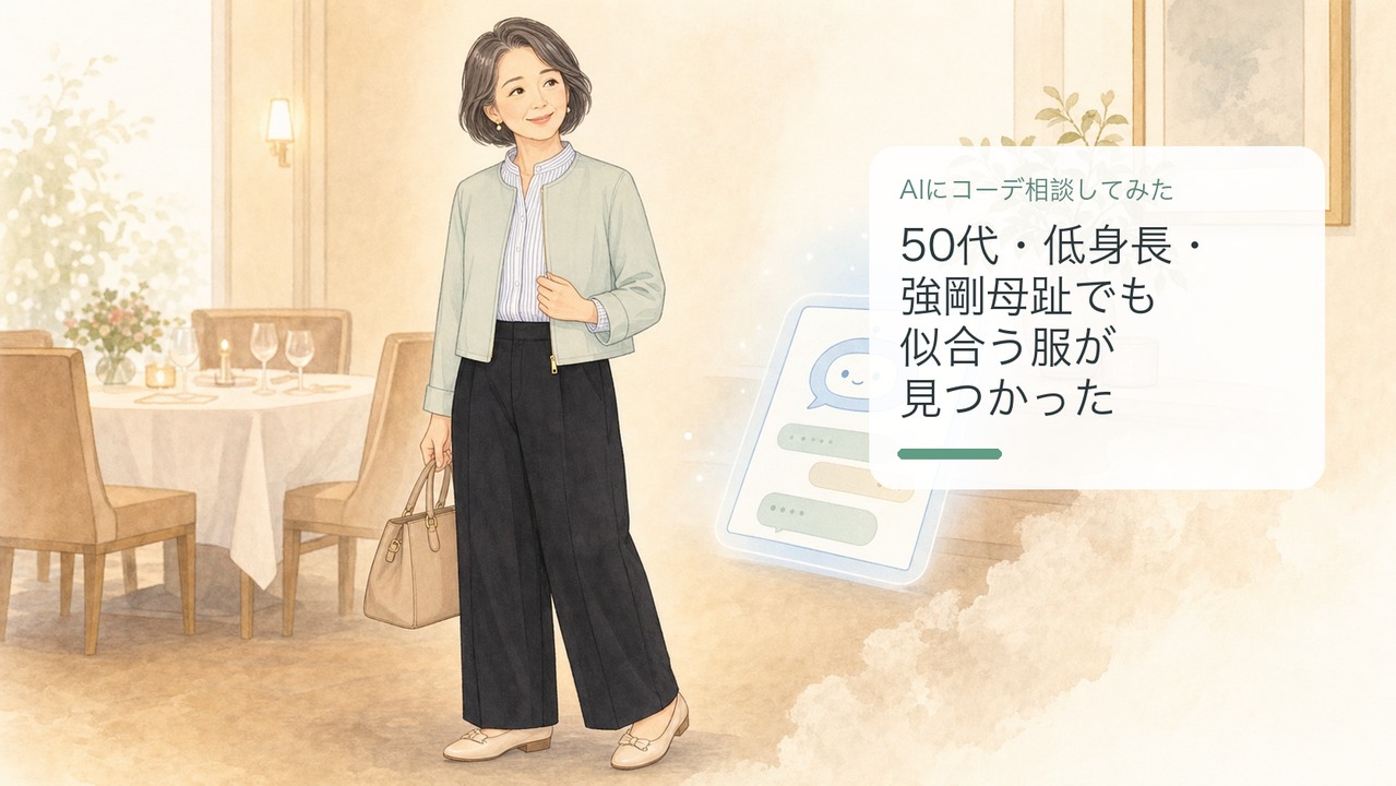 AIにコーディネートを相談している50代女性のイラスト風アイキャッチ画像