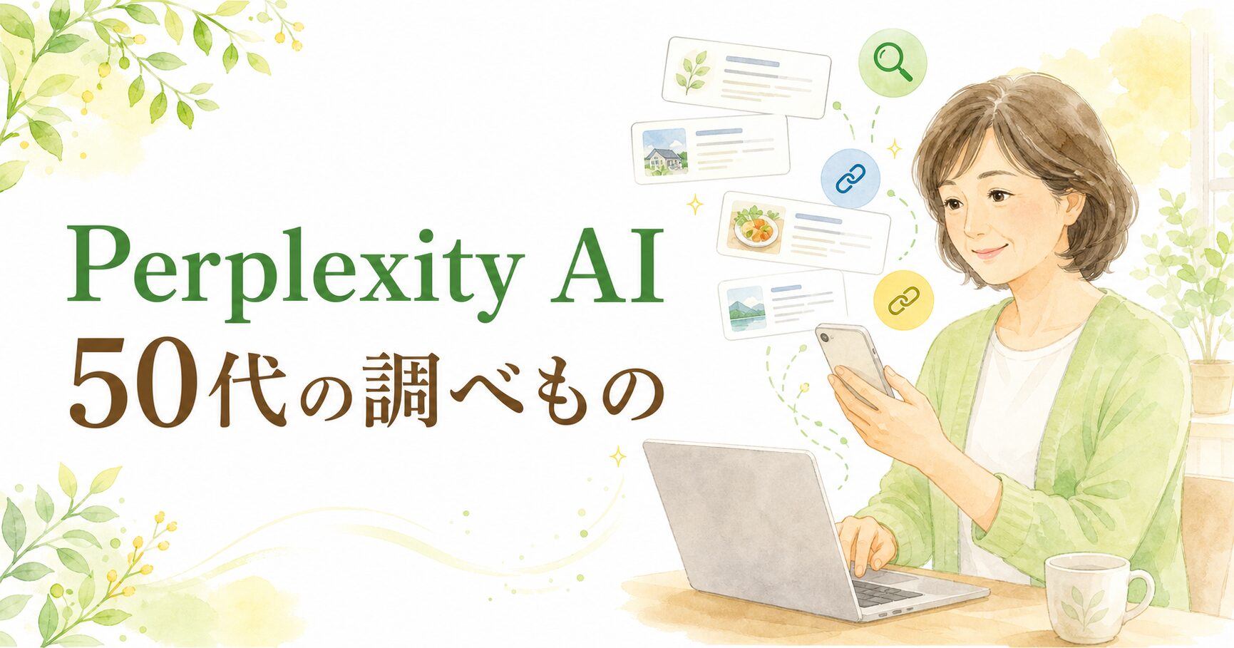 Perplexity AIで調べものをする50代女性のイラスト