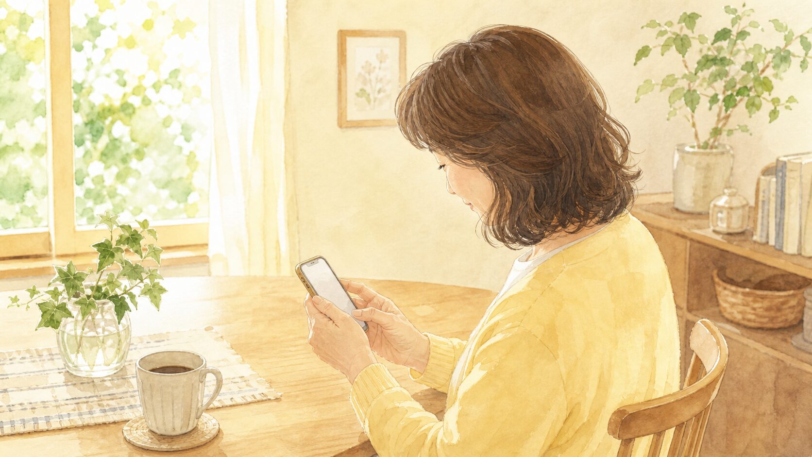 スマホを見下ろしてAIを使う50代の女性(横顔)