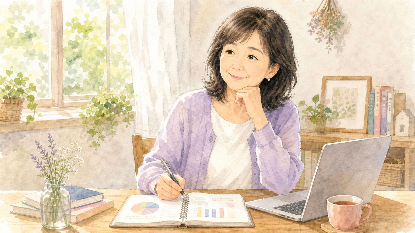 ノートとパソコンで学び直す50代女性の水彩イラスト