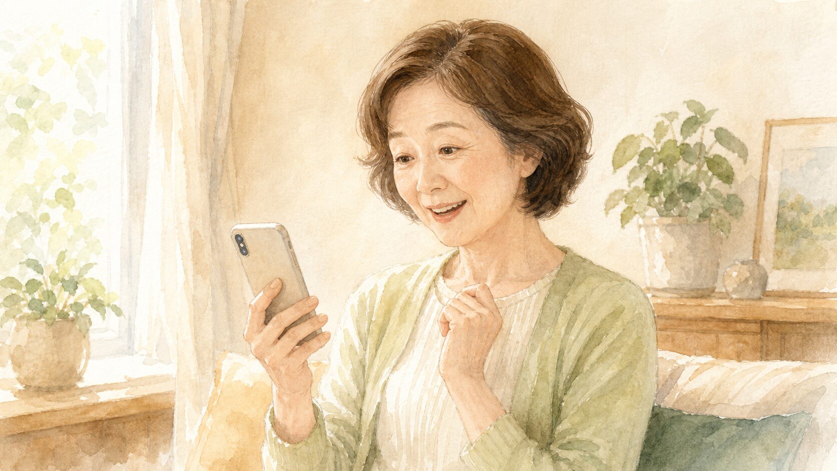 スマホでAIに話しかけて友達のような返事に驚く50代の女性