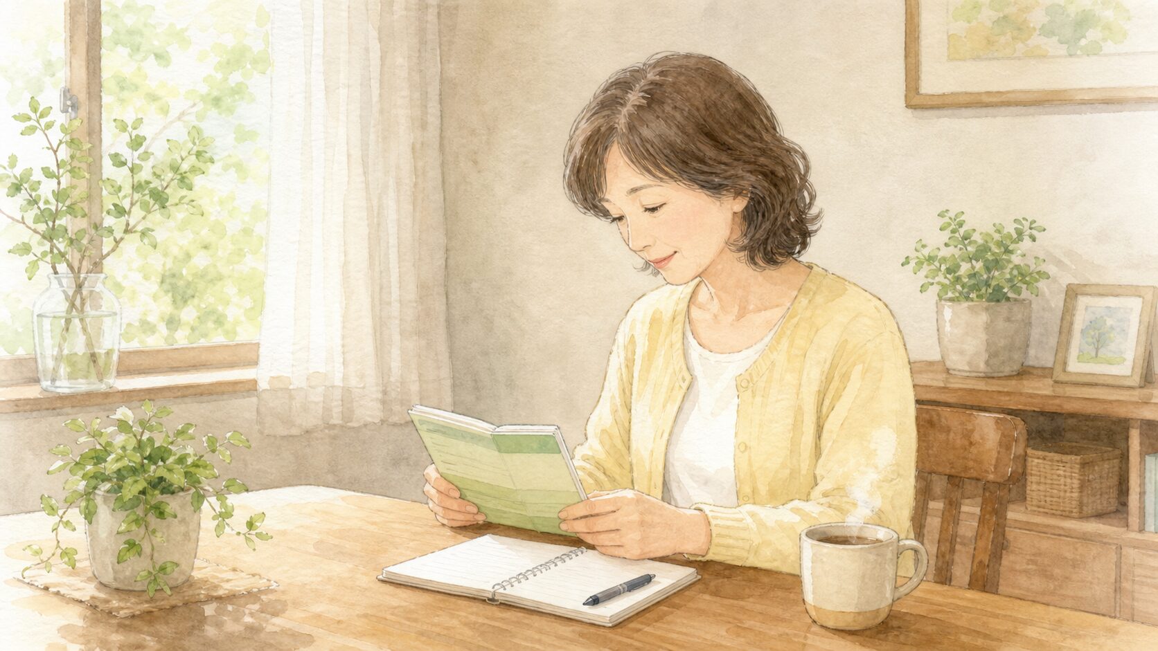 通帳を見て生活防衛資金を確保し安心する50代の女性