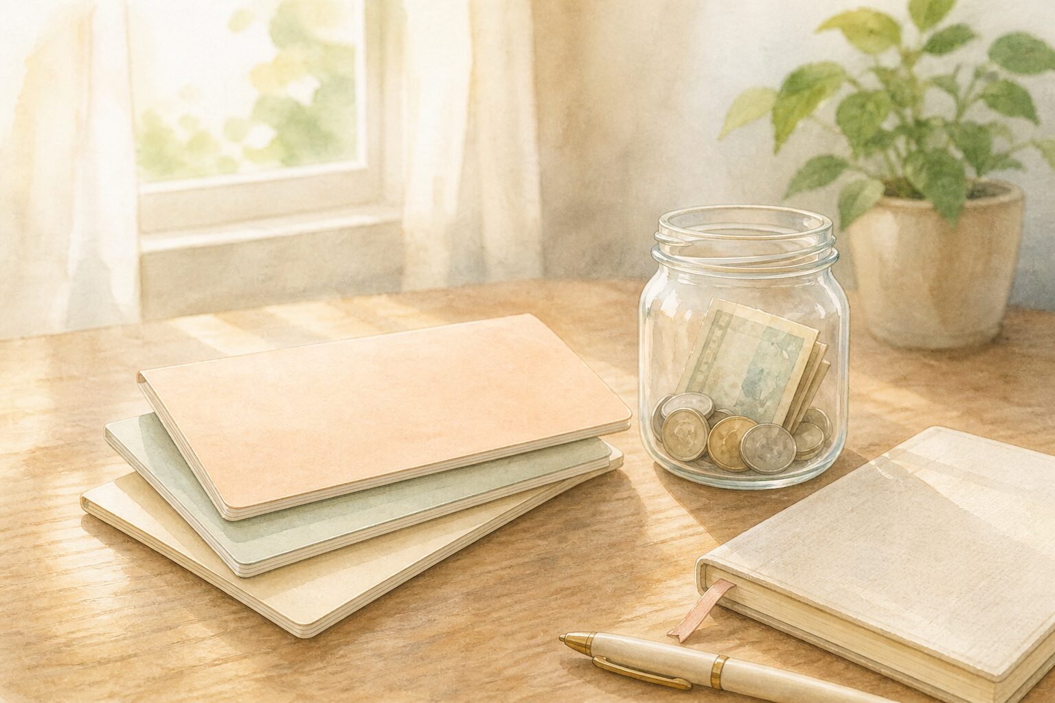 通帳と貯金びんを別口座で分けて管理するイメージ