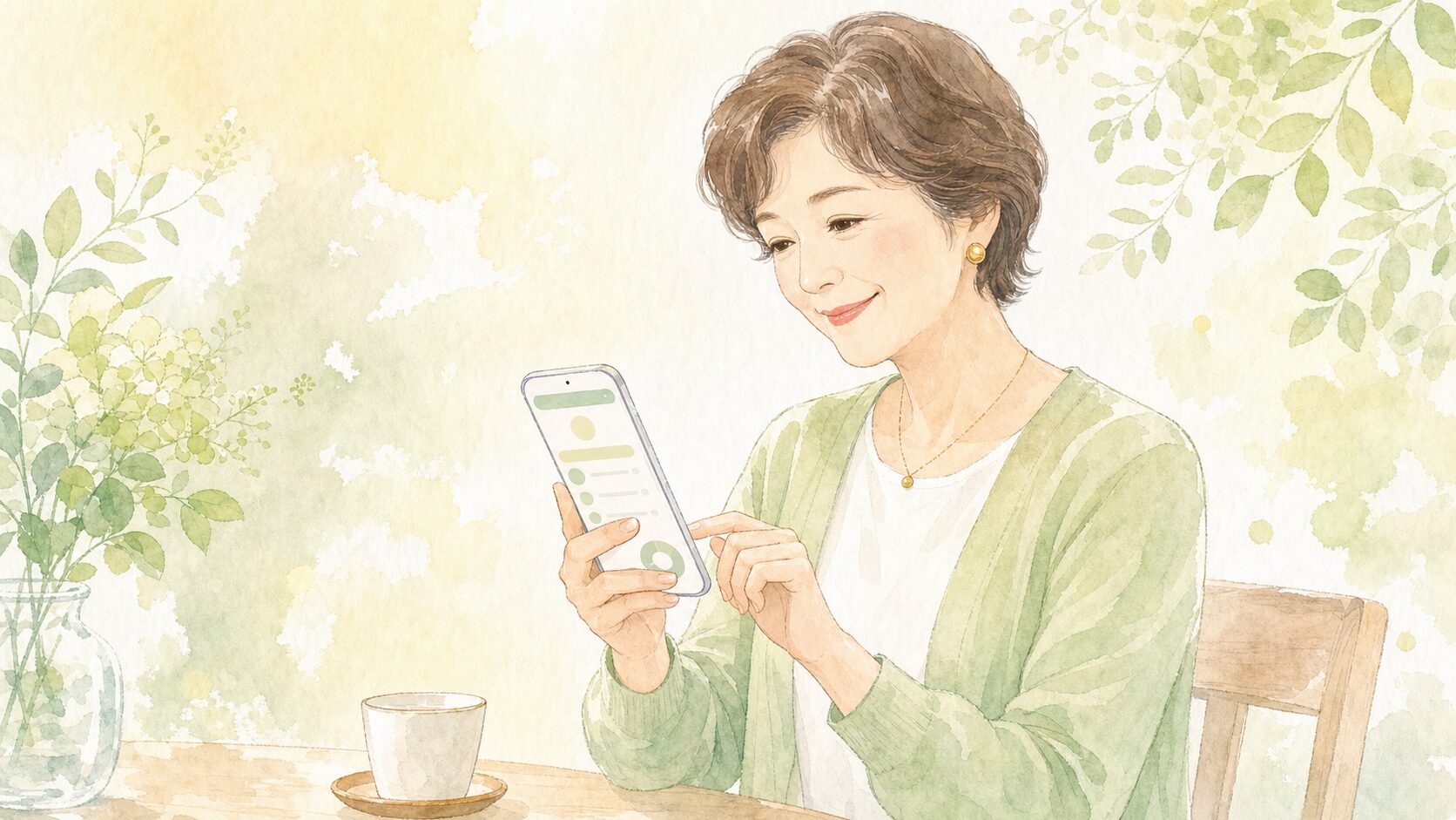 スマホで銀行口座の残高や通知を確認する50代女性の水彩イラスト