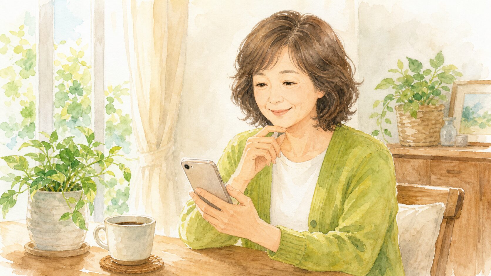 スマホでAI検索を使って調べものをする50代の女性