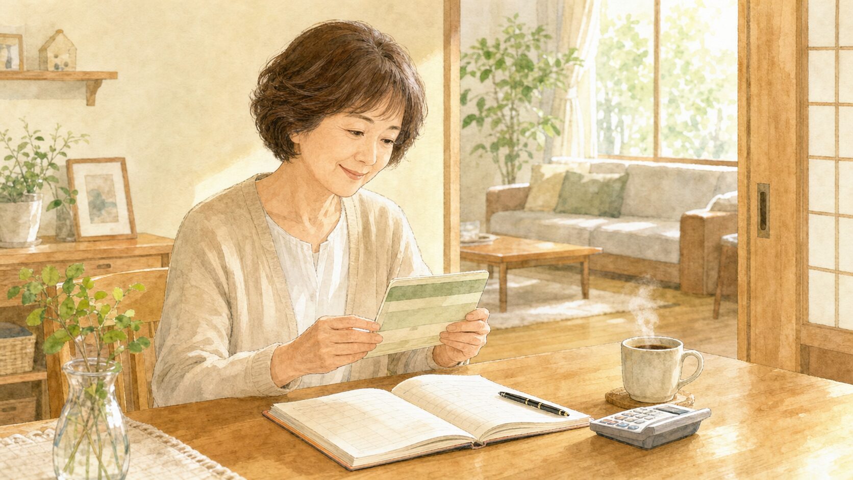 自宅で通帳と家計ノートを見直す50代の女性