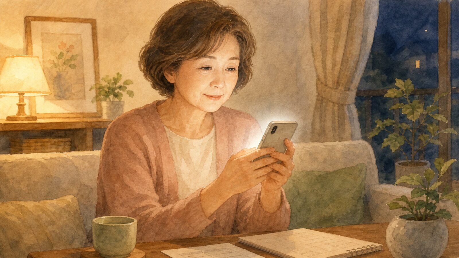 夜の自宅でスマホを見ながらAIにお金を相談する50代の女性
