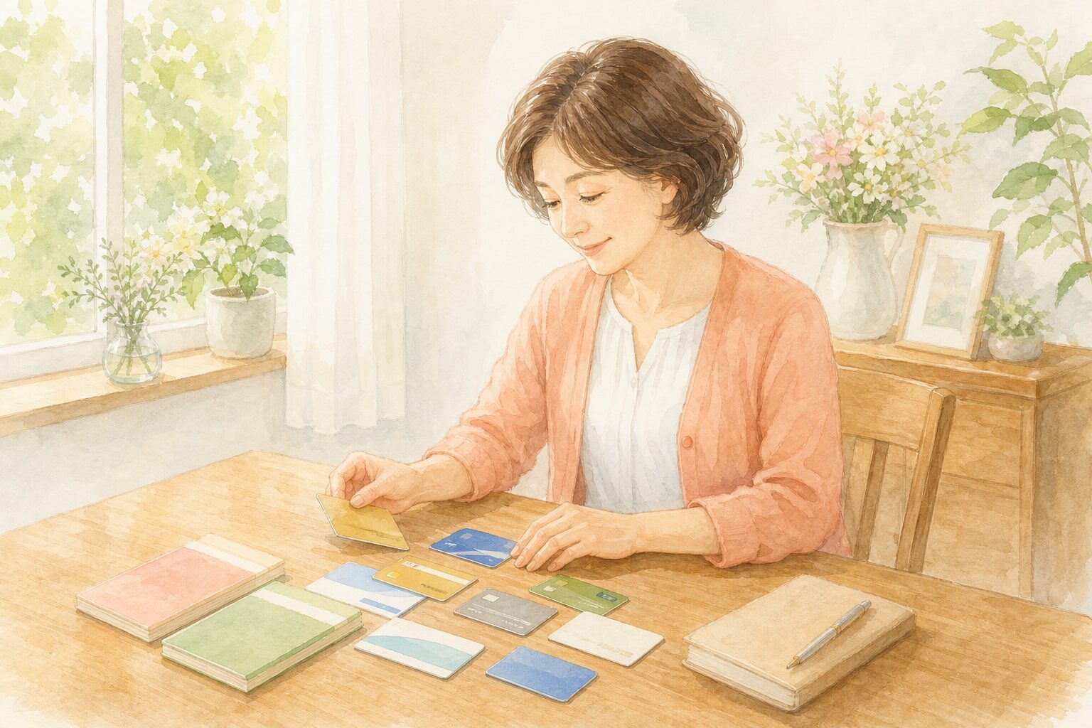 通帳とクレジットカードを見比べて整理する50代の女性