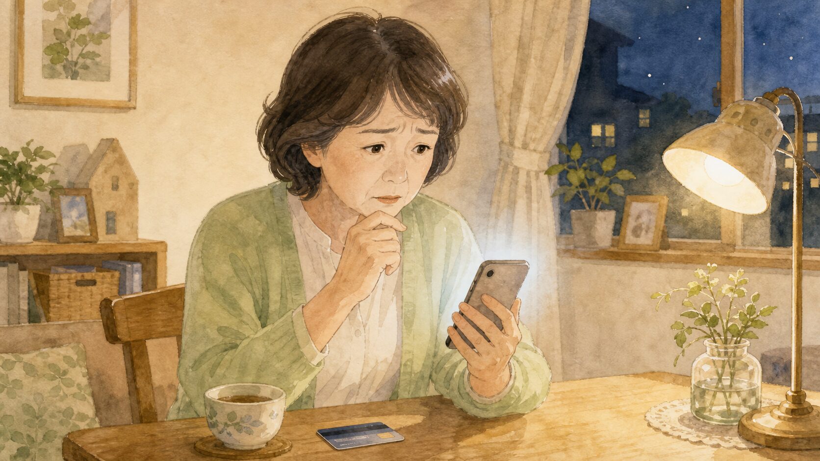 詐欺SMSを見て不安になりながらスマホを確認する50代女性のイラスト