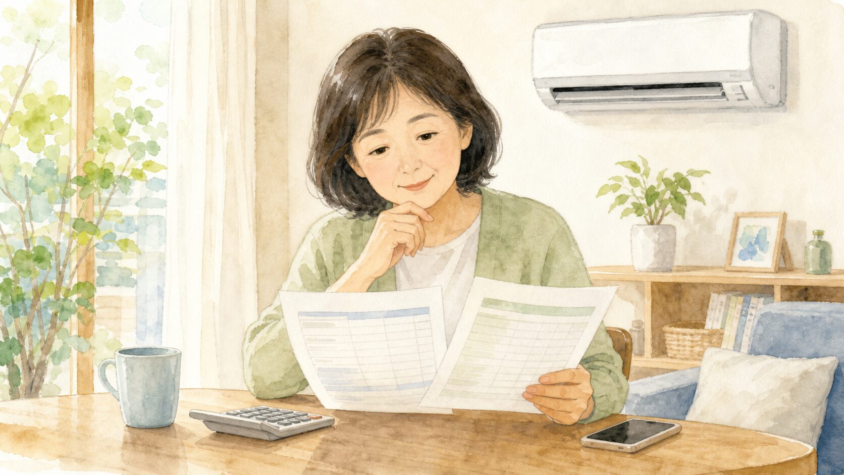 エアコン買い替えの見積もりを比較する50代女性のイラスト