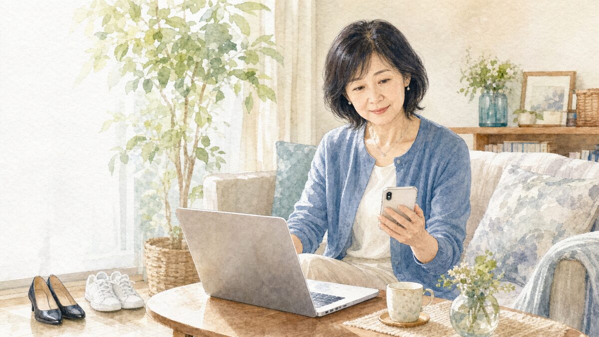 AIで足の専門病院を探している50代女性の水彩イラスト