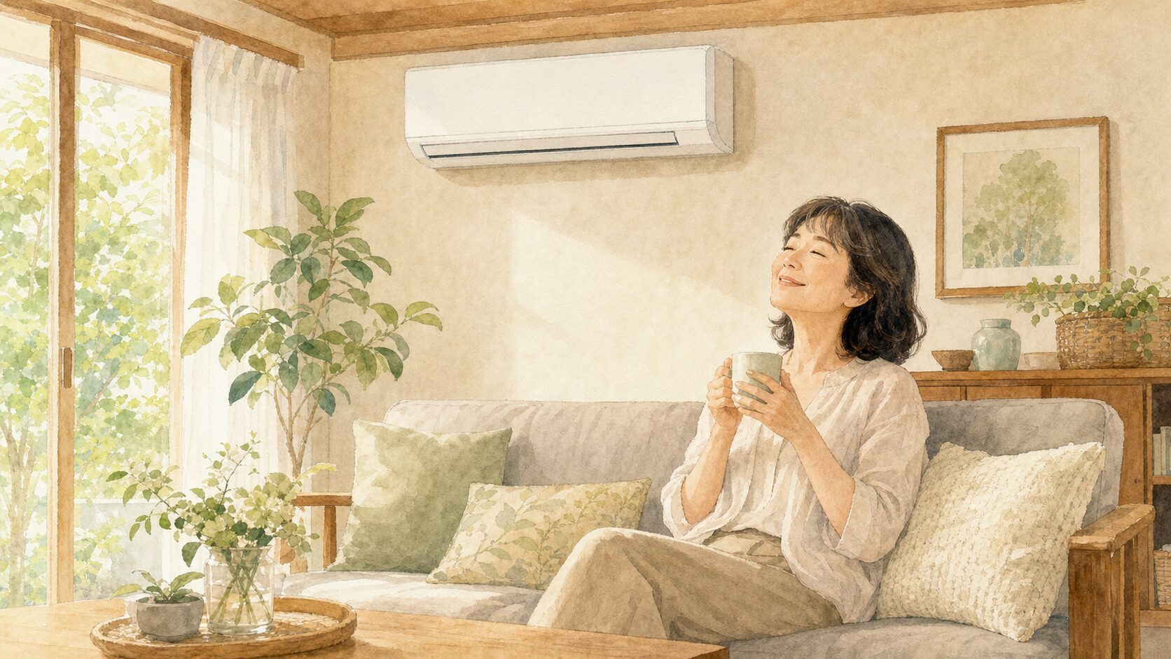 新しいエアコンのあるリビングでくつろぐ50代女性のイラスト