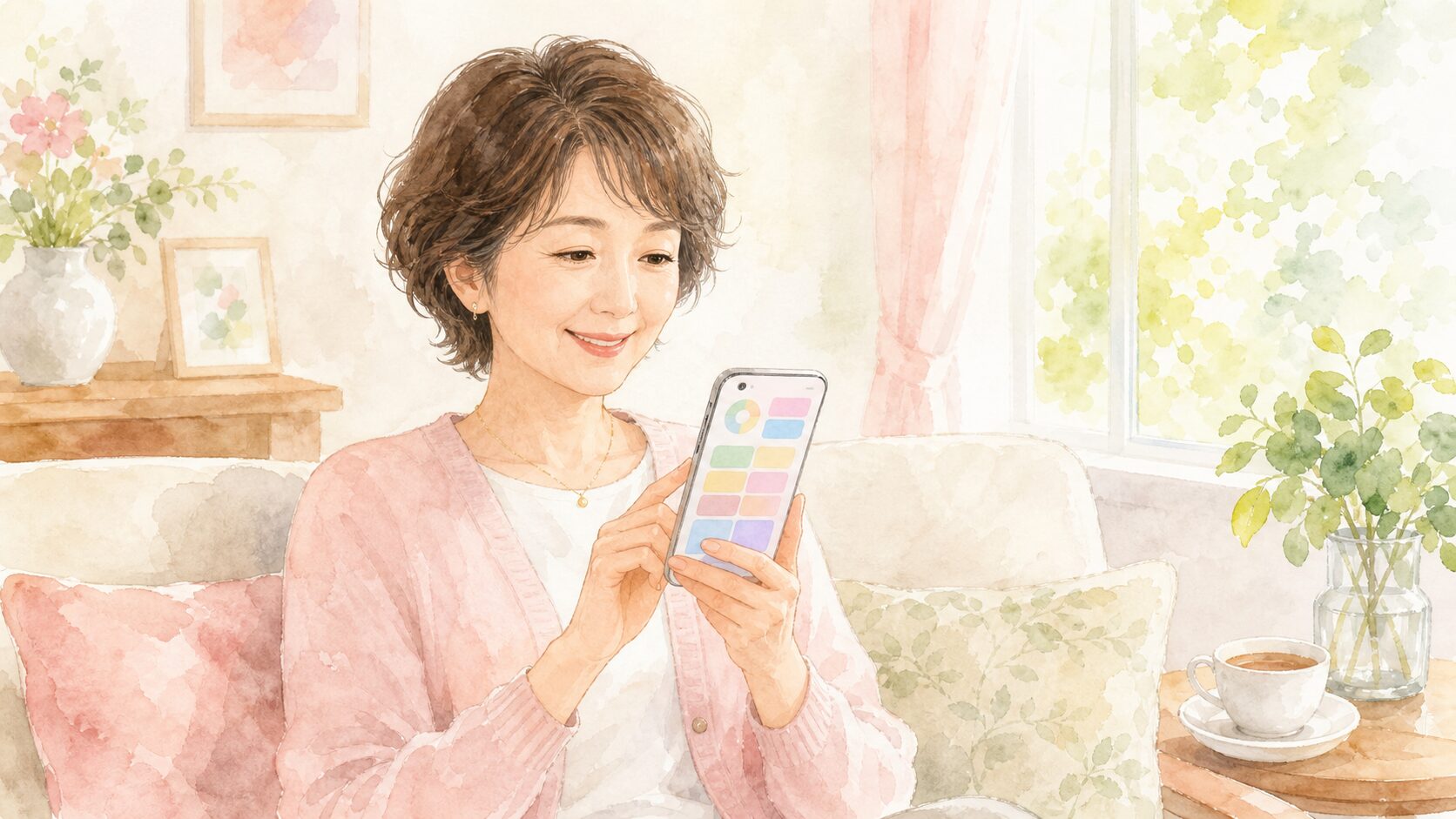 自宅でスマホの家計簿アプリを見て支出を確認する50代女性の水彩イラスト