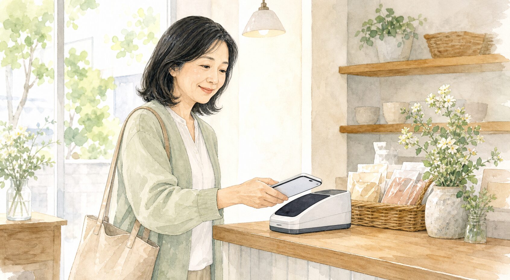 お店のレジでスマホをかざして支払いをする50代女性の水彩イラスト