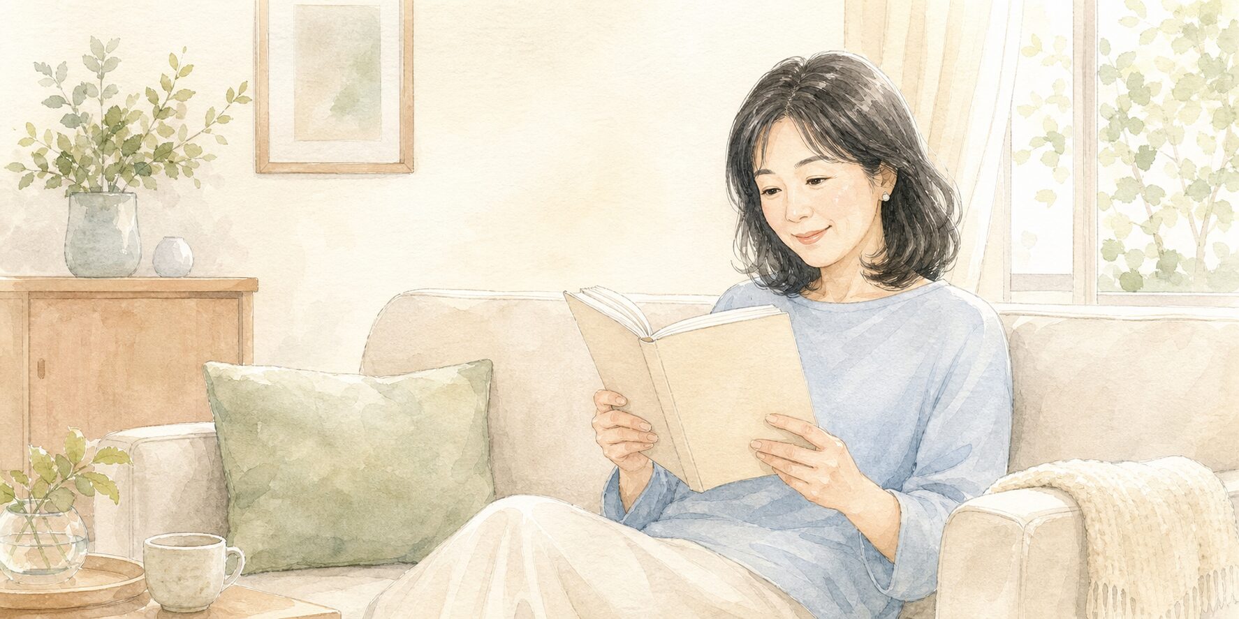 ソファでChatGPTの本を読む50代女性の水彩イラスト