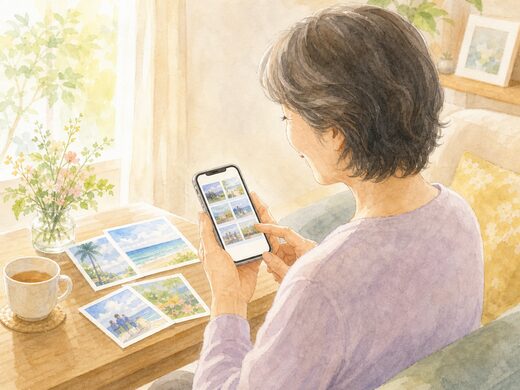 スマホで昔の家族旅行の写真を見返す女性のイラスト
