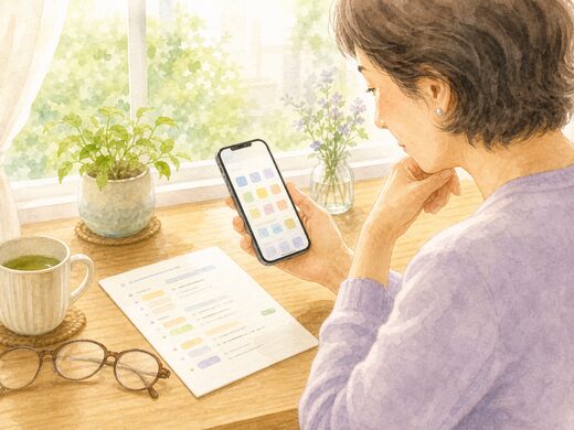 スマホの画面と紙のメモを見比べて考え込む女性のイラスト
