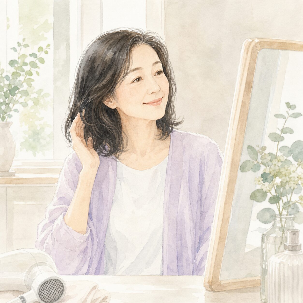 鏡の前で髪の仕上がりを確認して微笑む女性のイラスト