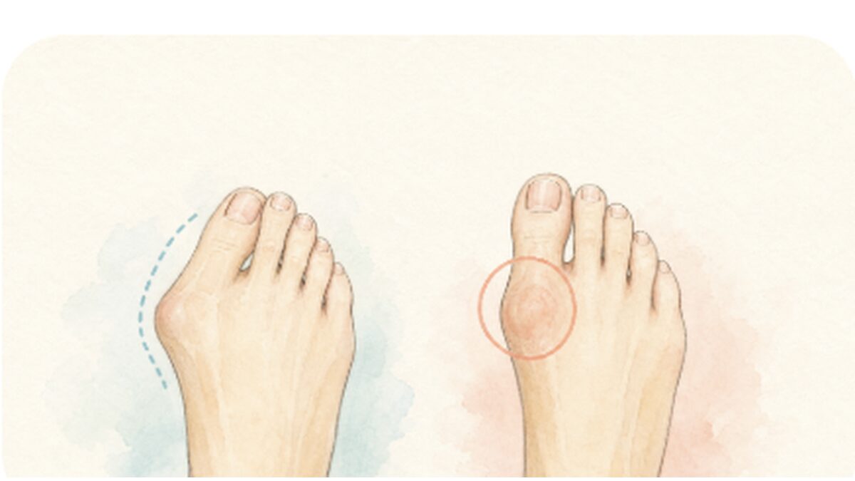 外反母趾と強剛母趾の違いをやさしく説明する足の水彩イラスト