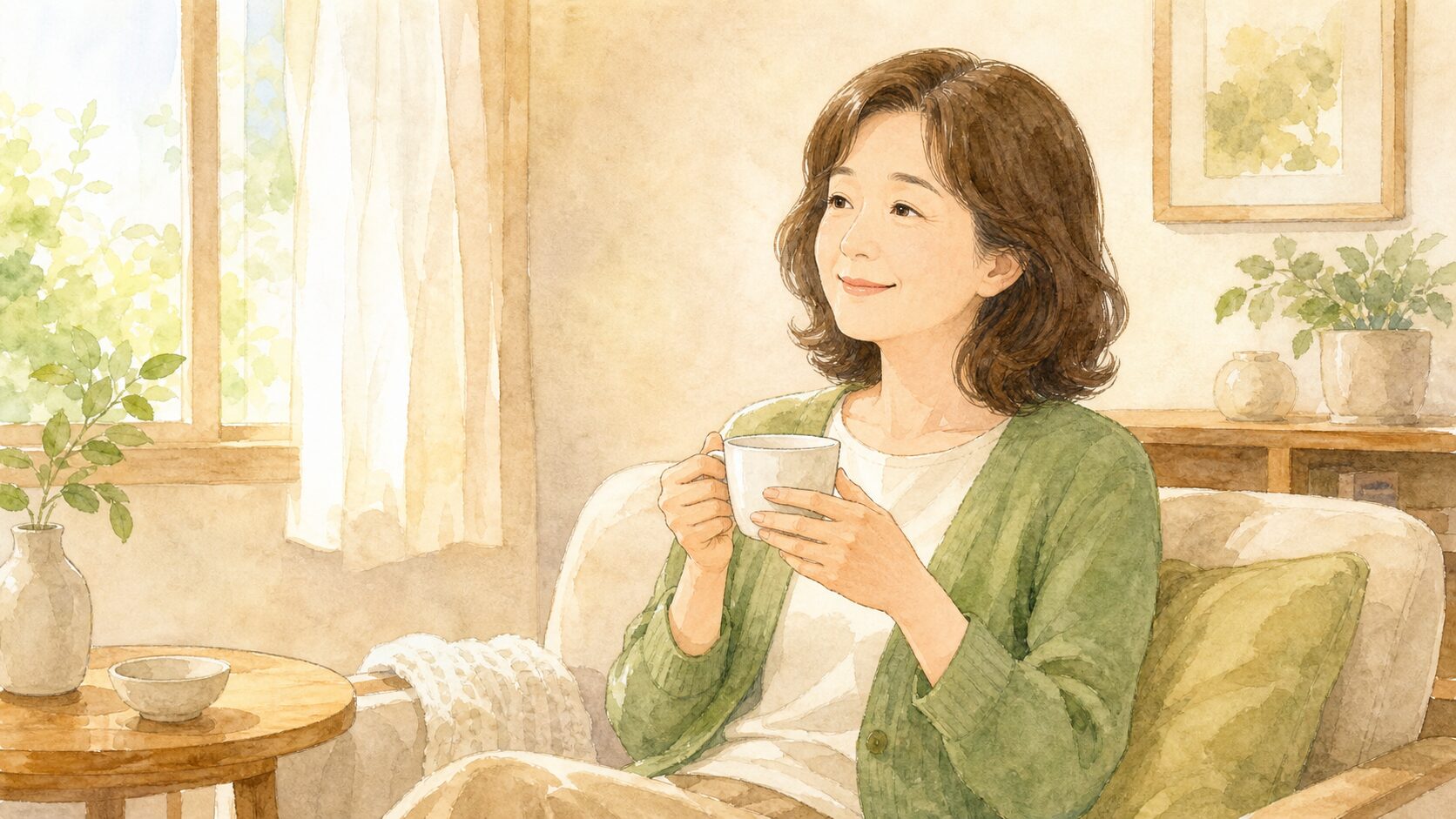 胃カメラ検査後にほっと安心している様子の水彩イラスト