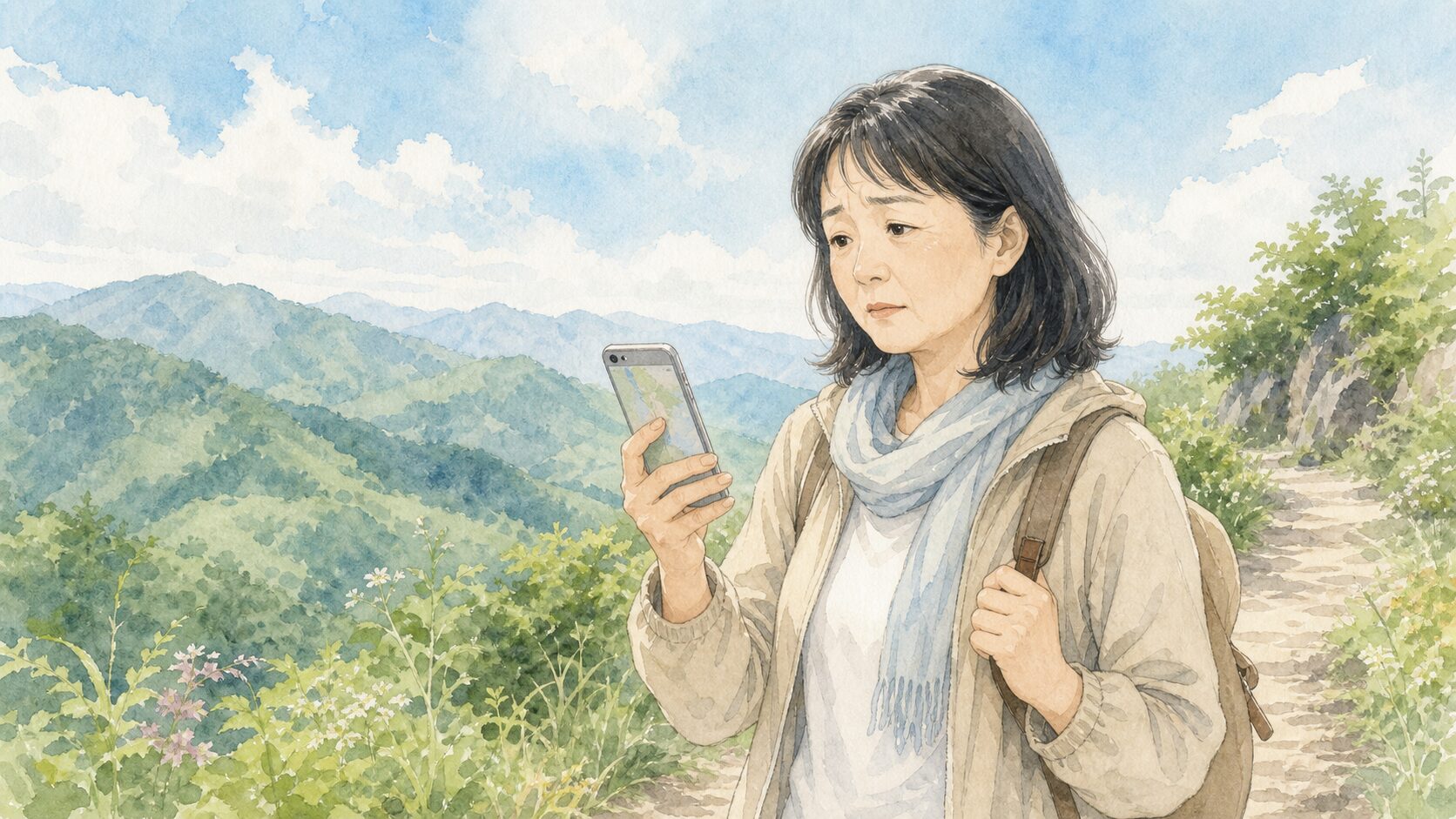 山道でスマホの電波がつながりにくくて困っている50代女性の水彩イラスト