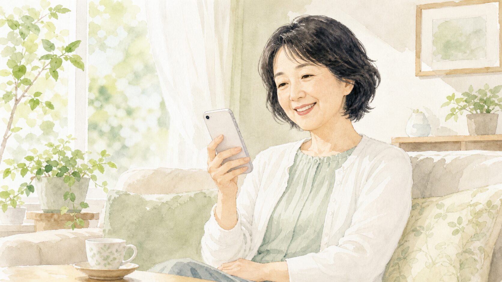 格安SIMに乗り換えて、自宅でくつろぎながらスマホを見る50代女性の水彩イラスト