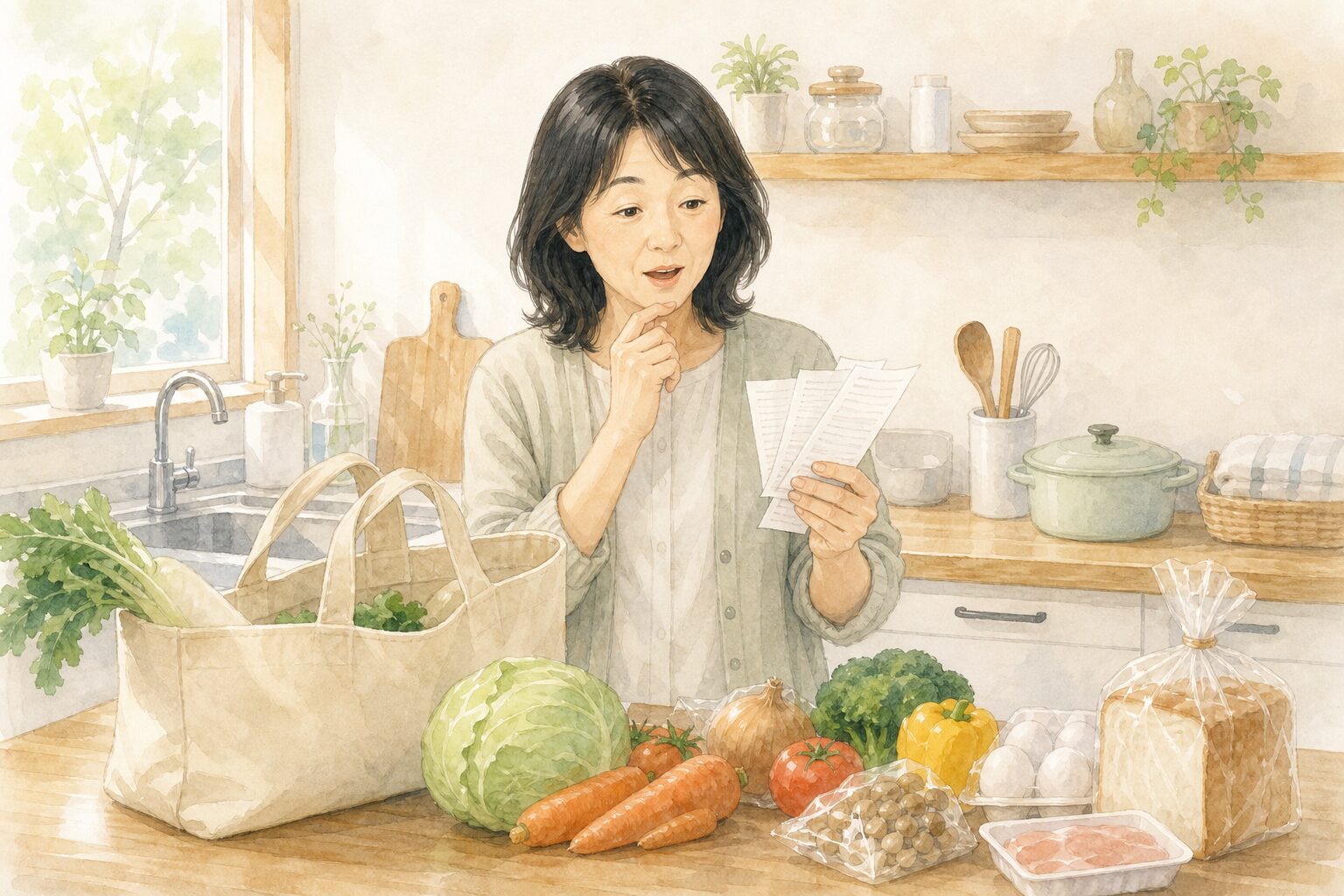 台所でレシートを見ながら食費のことを考える50代女性の水彩イラスト