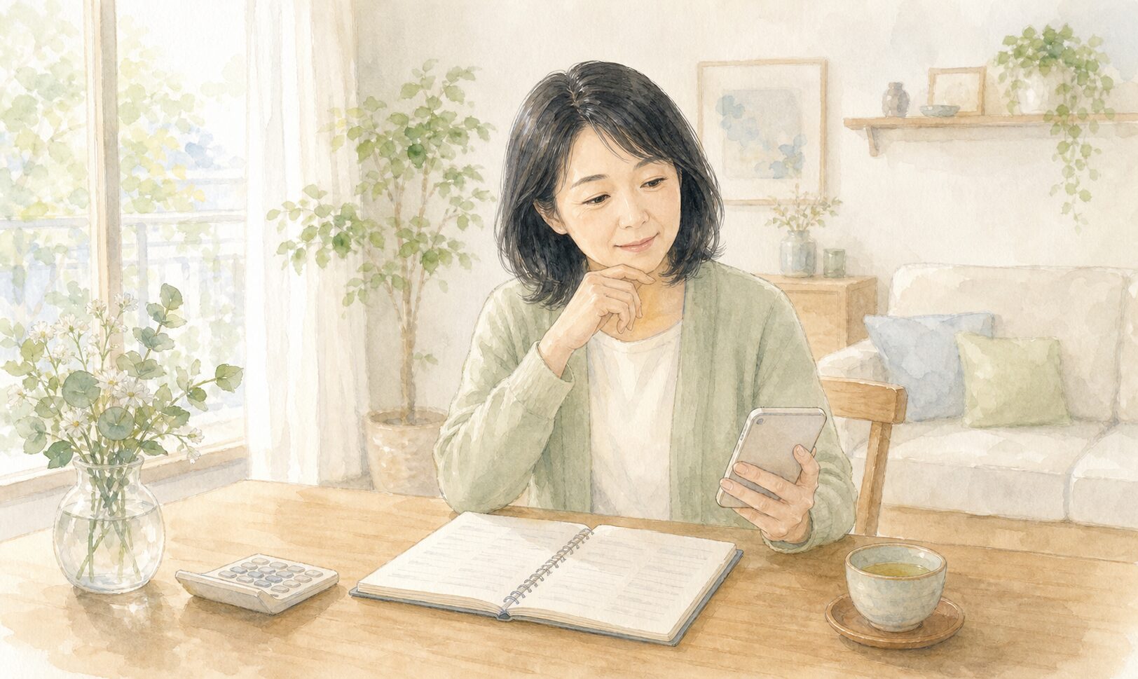 家計簿ノートとスマホを見比べながら考える50代女性の水彩イラスト