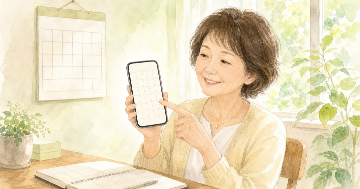 振込前にスマホの画面を確認している50代女性の水彩イラスト