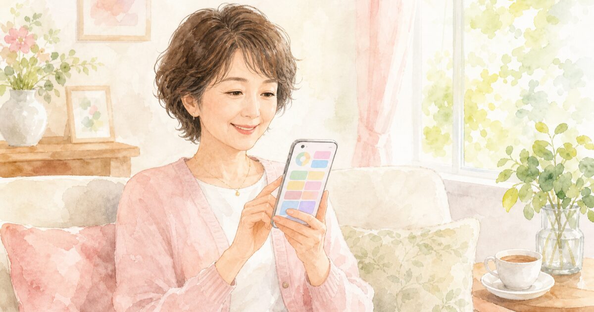 振込後にスマホの通知を確認して安心している50代女性の水彩イラスト