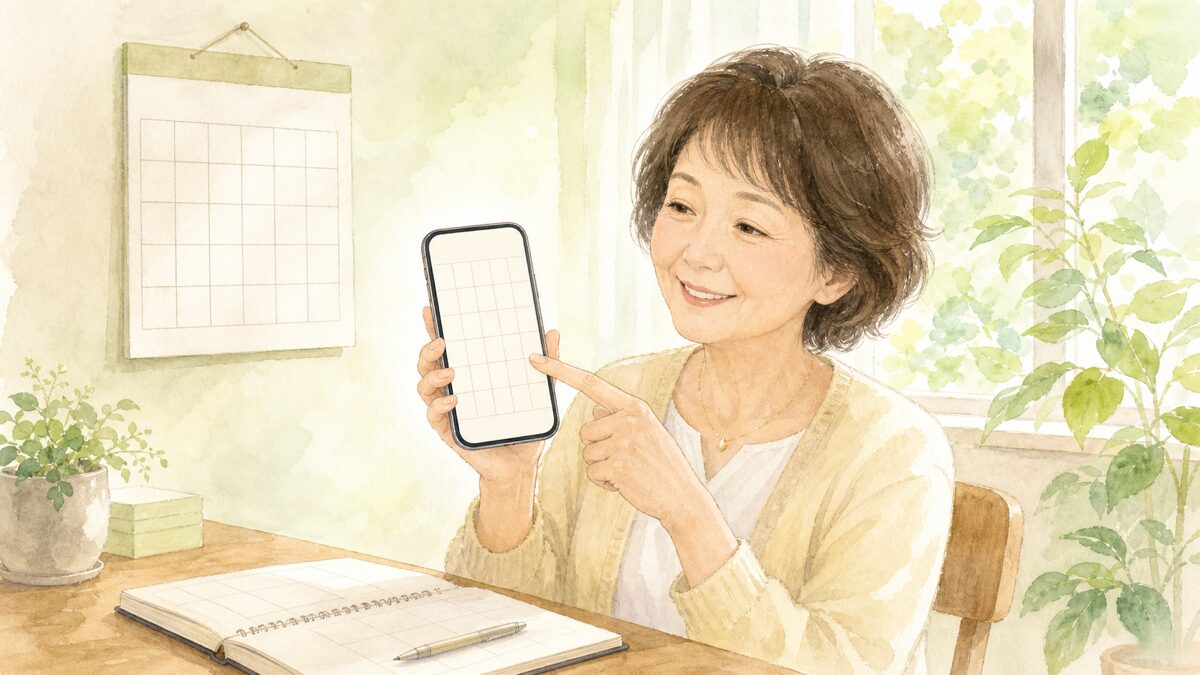 スマホのカレンダーでシフトや次の休みを確認する50代女性の水彩イラスト