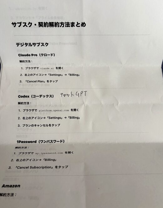 サブスク解約方法を紙に書き出したメモ