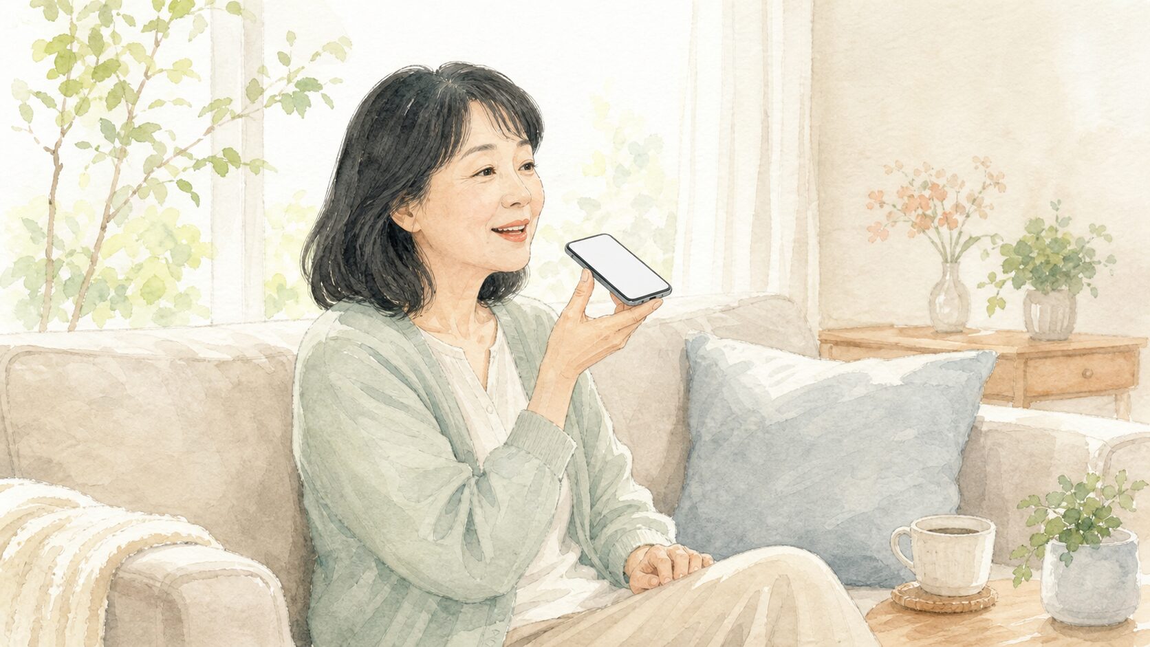 ソファでリラックスしながらスマホに話しかける50代女性の水彩イラスト