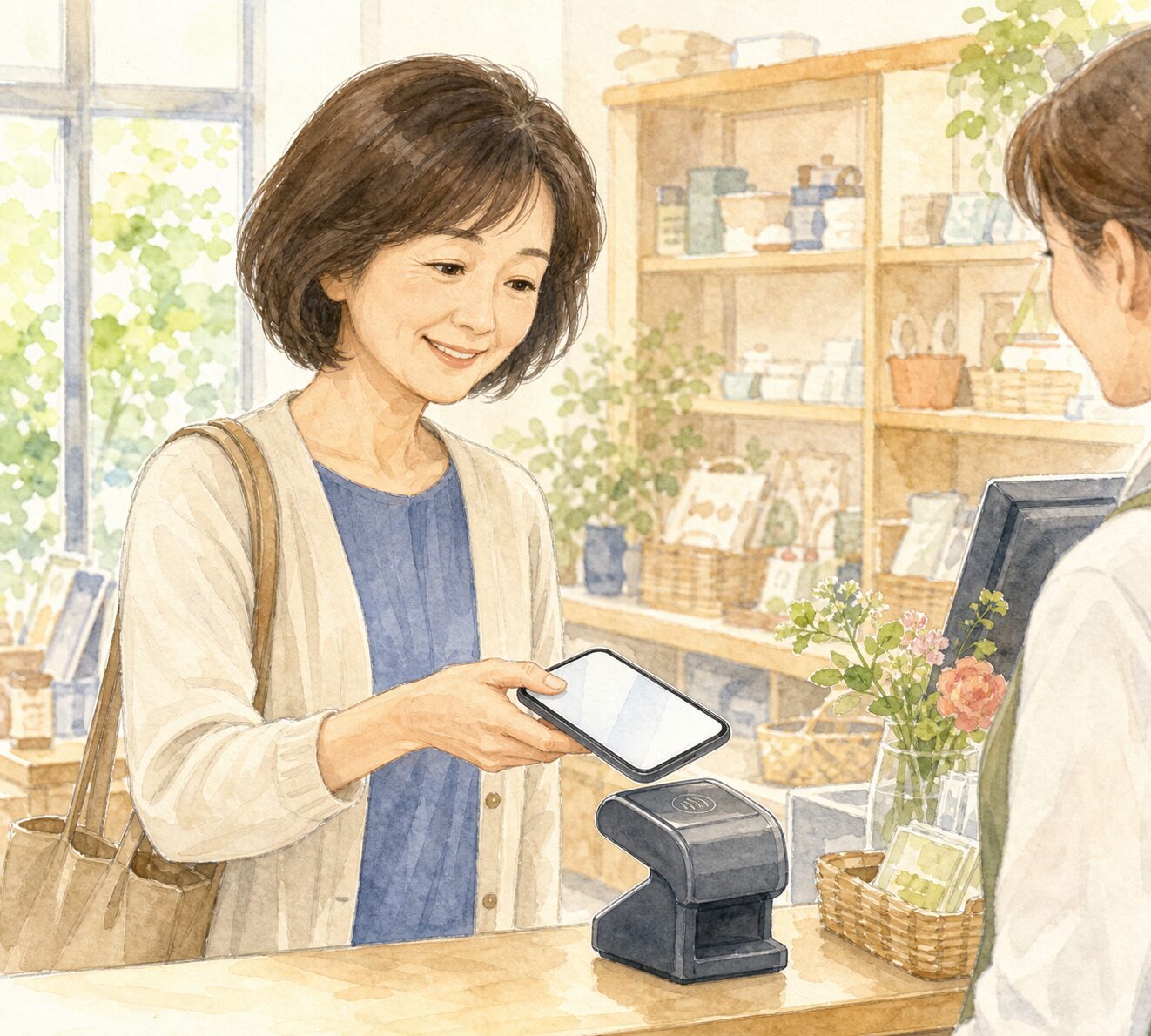 スマホでキャッシュレス決済をする50代の女性