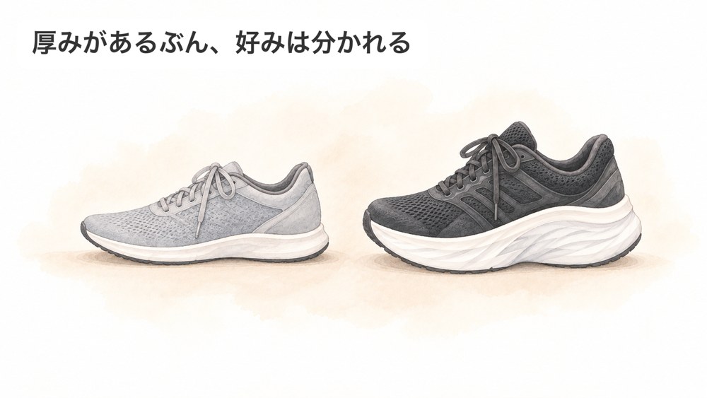 細身のスニーカーと厚底スニーカーを並べたイラスト