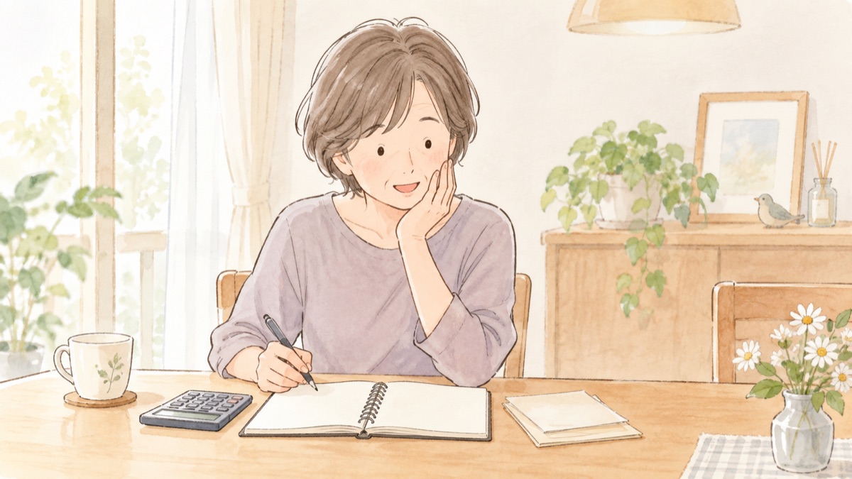 白髪染めの1年分の費用を計算して、思ったより差がないことに驚いている50代女性のイラスト