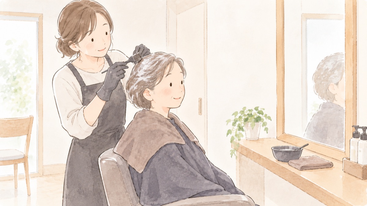 白髪染め専門店で、スタッフが根元にカラー剤を塗っているイラスト