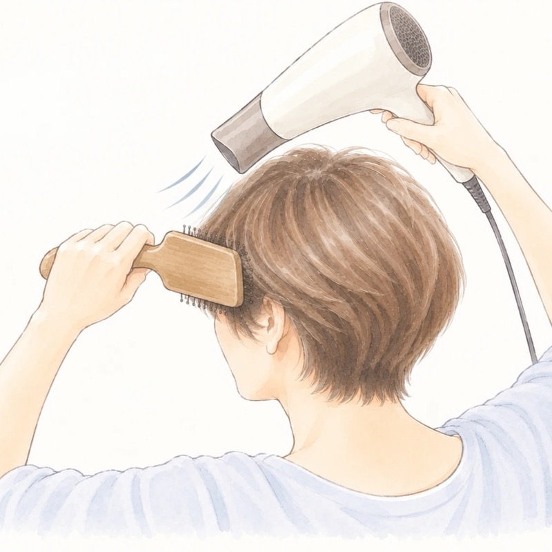 ブラシで髪を伸ばしながらドライヤーでブローする50代女性のイラスト