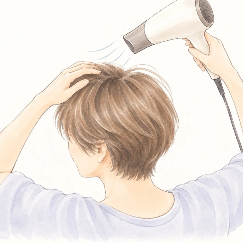 仕上げに冷風を当てて髪を整える50代女性のイラスト
